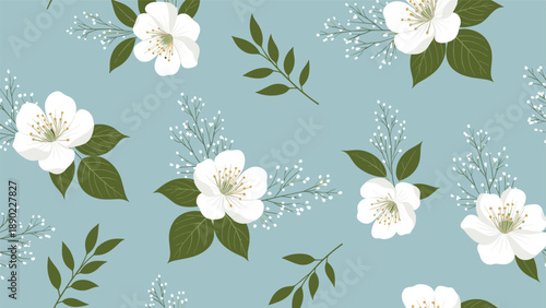Delicate white blossom seamless pattern with elegant jasmine flowers and green leaves arranged on a soft muted blue background for wedding decor.