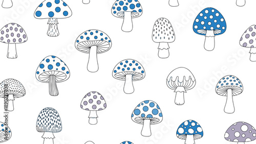 Forest mushroom seamless pattern showing a variety of wild fungi with blue and purple spotted caps as line drawings on a clean white background.