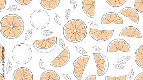 Citrus orange fruit seamless pattern featuring whole oranges and sliced wedges in delicate line art on a white background for summer themes.