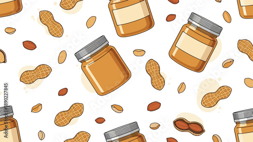 Fun peanut butter and whole peanut seamless pattern with glass jars and shelled nuts in a warm color palette on a white background for food labels.