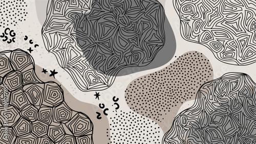Abstract organic shape seamless pattern with hand drawn line textures and dots in a sophisticated neutral grayscale palette for modern interior.