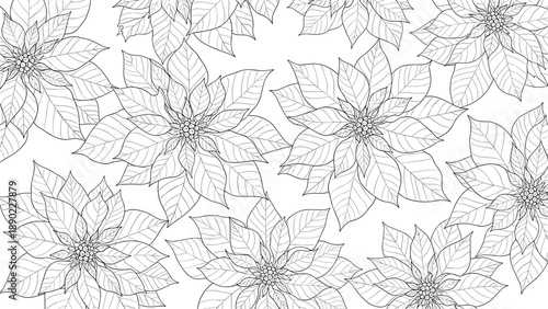 Detailed poinsettia flower seamless pattern featuring hand drawn Christmas botanicals as black line art on a clean white background for winter.
