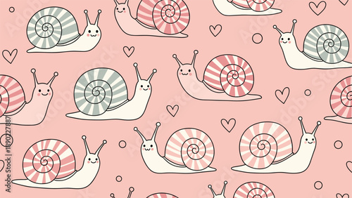 Cute snail and heart seamless pattern featuring pink cartoon snails with striped shells on a soft pink background for children products.