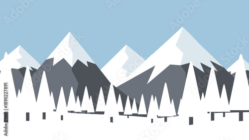Serene Winter Mountains Landscape with Snowy Peaks and Pine Forest