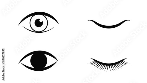 Graphic eye icon set featuring open eyes with pupils and closed eyes with long lashes in a bold black and white minimalist style for beauty.
