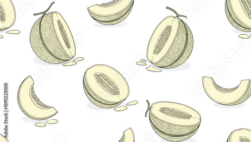 Fresh cantaloupe melon pattern featuring whole fruit halves and slices with seeds on a clean white background for food design.