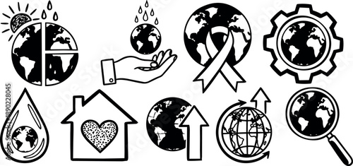 Hand drawn vector icons of earth globe with water drops ribbon gear heart house and magnifier in black and white outline style