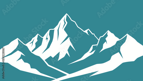 Majestic Stylized Mountain Landscape with Sharp Peaks, Teal and White Gradient Sky