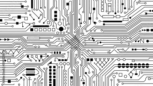 Detailed Black and White Circuit Board Diagram, Technology Motherboard Illustration, Isolated White Background