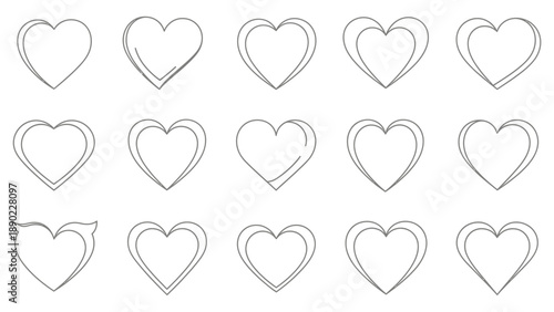 Patterned arrangement of multiple outline heart shapes symbolizing love and affection on an isolated white background.
