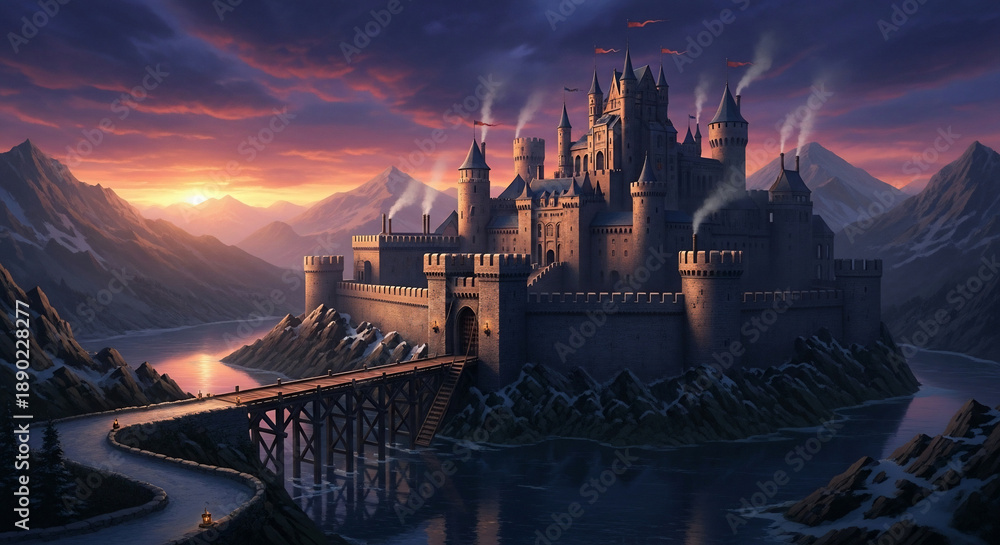 Naklejka premium Mystical Castle at Sunset: A majestic castle, bathed in the warm hues of a setting sun, stands proudly amidst a serene landscape of mountains and water, evoking a sense of history and grandeur. 