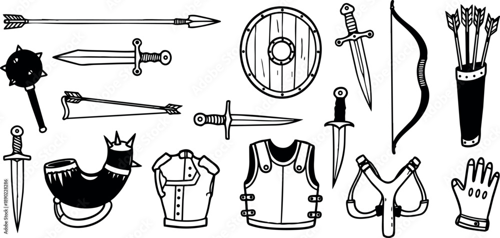 Obraz premium Hand drawn medieval weapons set with sword, bow, arrows, shield, armor, dagger, mace, and horn in black and white vector art style