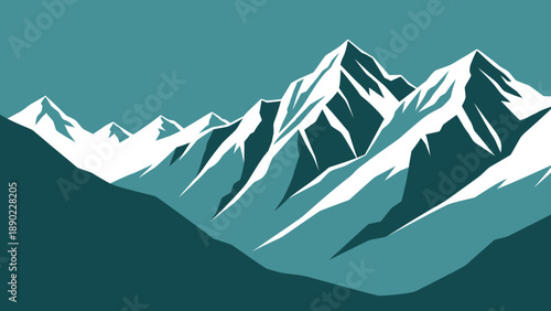 Minimalist Teal Mountain Landscape with Snow-Capped Peaks in Flat Graphic Design