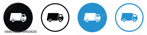 Commercial delivery truck and shipping icons. Set includes blue and black circular variations for logistics, transport, e-commerce, and freight services. Minimalist silhouette design.