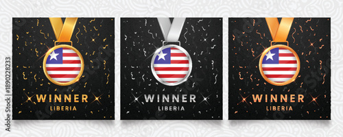 A prestigious collection of gold, silver, and bronze medals, each showcasing the distinctive flag of Liberia, set against a sophisticated dark background with celebratory confetti and sparkling accent