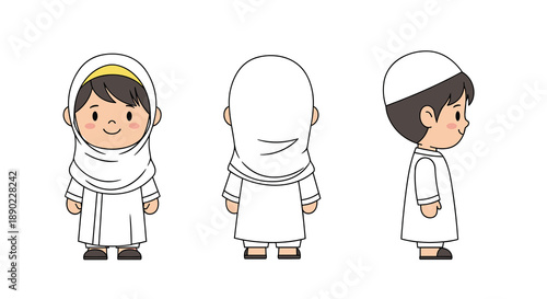Cartoon Muslim Boy and Girl in Traditional White Attire (Multiple Views): An illustration of two children a boy in a Kufi and a girl in a hijab both in white Islamic clothing, Generative AI.