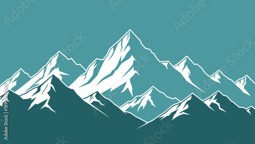 Panoramic Teal Mountain Landscape with Snow-Capped Peaks in Flat Graphic Style