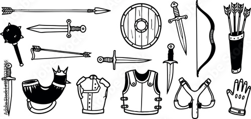 Hand drawn medieval weapons set with sword, bow, arrows, shield, armor, dagger, mace, and horn in black and white vector art style