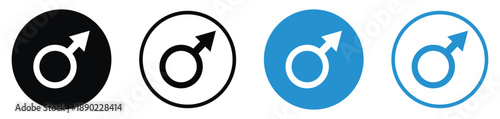Mars gender symbol icons in various styles. Circular black and blue designs with solid and outline strokes. Used for demographic data, healthcare, identity, and gender representation.
