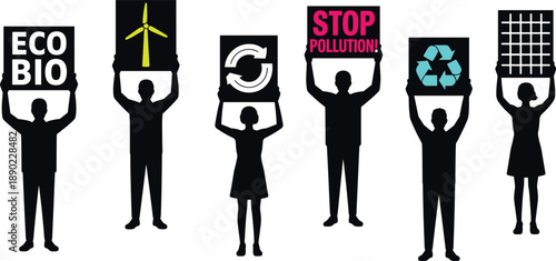 Environmental activism silhouettes holding eco bio recycle signs promoting renewable energy sustainability climate action and stop pollution awareness