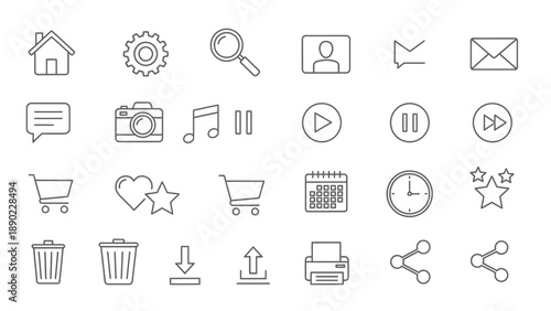 Comprehensive Web and Media Outline Icons Set on Isolated White Background
