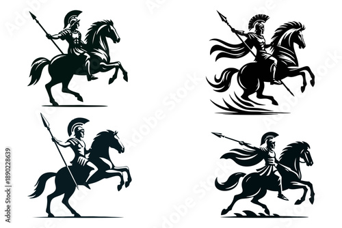 This is a mascot logo of a gladiator riding a horse, suitable for logo designs for printing companies, clothing, t-shirts, studios, children's toys, broadcasting, spare parts, spare parts, electronics