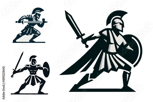This is a vector image of a gladiator mascot logo practicing sword fighting, suitable for use in company logo designs for t-shirts, clothes, apparel, spare parts, children's toys, printing, tourist