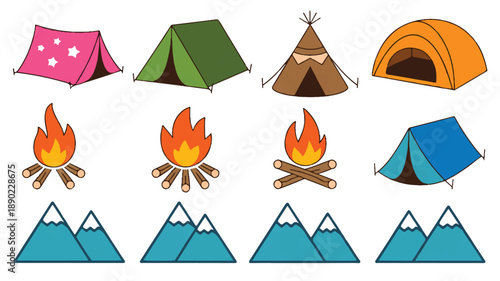 A set of camping and outdoor adventure icons arranged in three rows (3)_traced