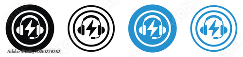 Circular icons featuring a headset with a lightning bolt symbol. Modern design in black and blue variations, suitable for gaming communications, esports, live streaming, and audio tech branding.