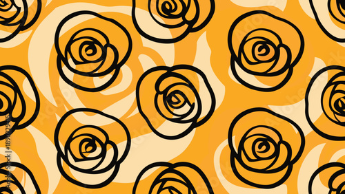 Vibrant orange rose pattern with elegant black outlines