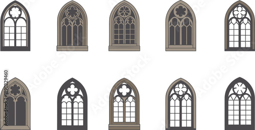 Gothic arched church window collection featuring medieval cathedral stained glass designs for historic architecture vector illustration elements