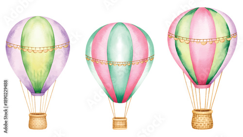 Hot air balloons in watercolor style. Whimsical air balloon collection in hand-drawn watercolor.