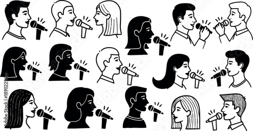 Black and white vector art set of diverse singing people with microphones in profile view various hairstyles and ages simple design