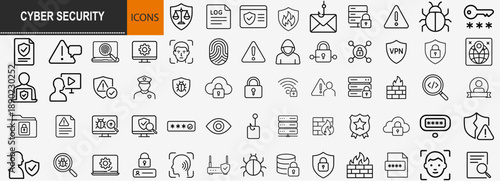 Cyber security and data protection icons set, thin line internet network safety and digital privacy vector illustration