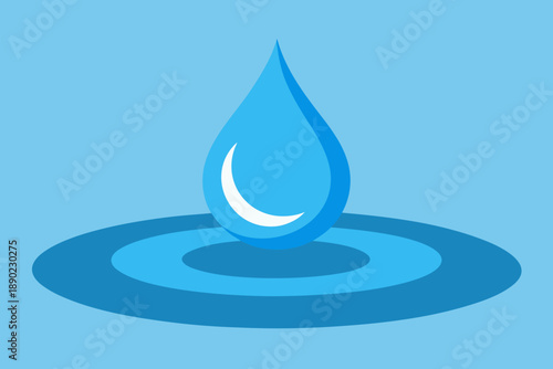 Blue water drop creating ripples on a light blue background