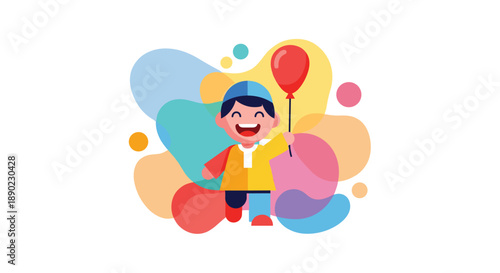 A happy boy wearing a cap joyfully holding a red balloon against a colorful abstract background capturing the essence of celebration childhood joy and festive moments, Generative AI.