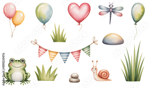 Playful nature celebration set with frog and snail. Garden birthday party elements in watercolor.