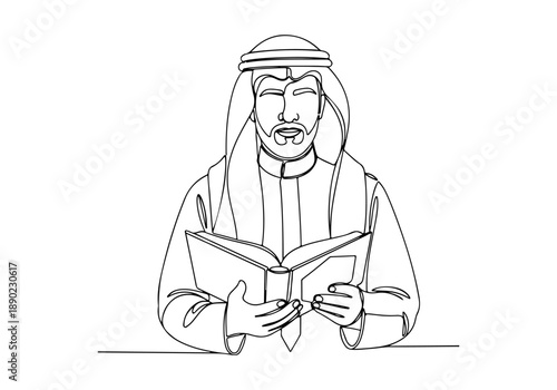 Ramadan Continuous Line Art A Beautiful Muslim Man Reading a Holy Book with a Gentle Expression