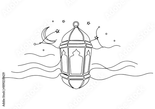 Ramadan continuous line art, a beautiful and simple lantern illustration with crescent moon and stars, perfect for Islamic celebrations and design