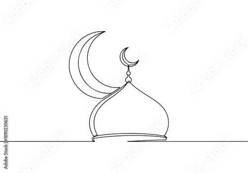 Ramadan continuous line art of a mosque dome with crescent moon, elegant single line drawing