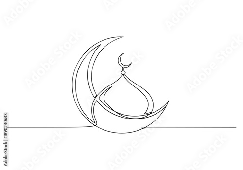 Ramadan Crescent Moon and Mosque Dome Continuous Line Art Illustration
