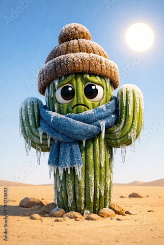Frozen Winter Desert Cactus Character with Big Eyes