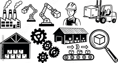 Industrial black and white vector icons showing manufacturing plant, robotic arms, warehouse storage, conveyor belt, and factory worker safety helmet