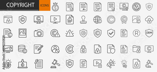 Copyright and intellectual property line icons set, law protection vector elements