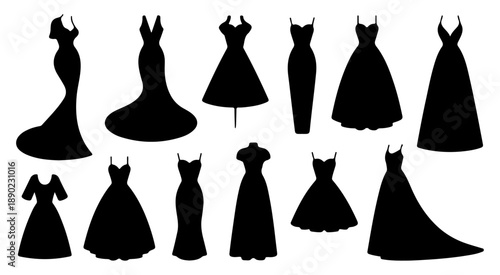 Female Fashion Dress Silhouettes Showing Various Stylish Clothing Designs Isolated on White Background, dress, fashion, woman, silhouette, people, set, clothing, wedding, bride, clothes
