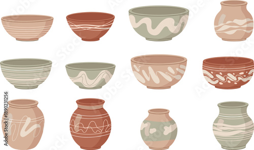 Collection of decorative ceramic pottery bowls and vases vector