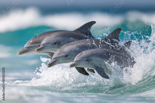 Three Dolphins Jumping in Ocean Waves Marine Life in Action Natures Beauty