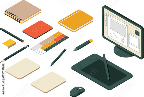 Isometric creative workspace illustration with graphic design tools computer tablet stationery and digital art equipment for modern designer studio