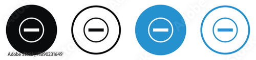 Minimalist minus sign icon set for removal or reduction. Circular symbols for delete, subtract, and negative actions in black and blue variations, ideal for interface navigation.