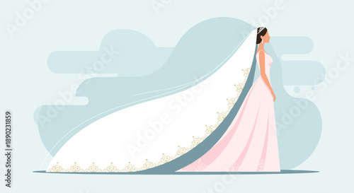 Elegant bride in flowing wedding dress minimalist flat style illustration for romantic ceremony concept